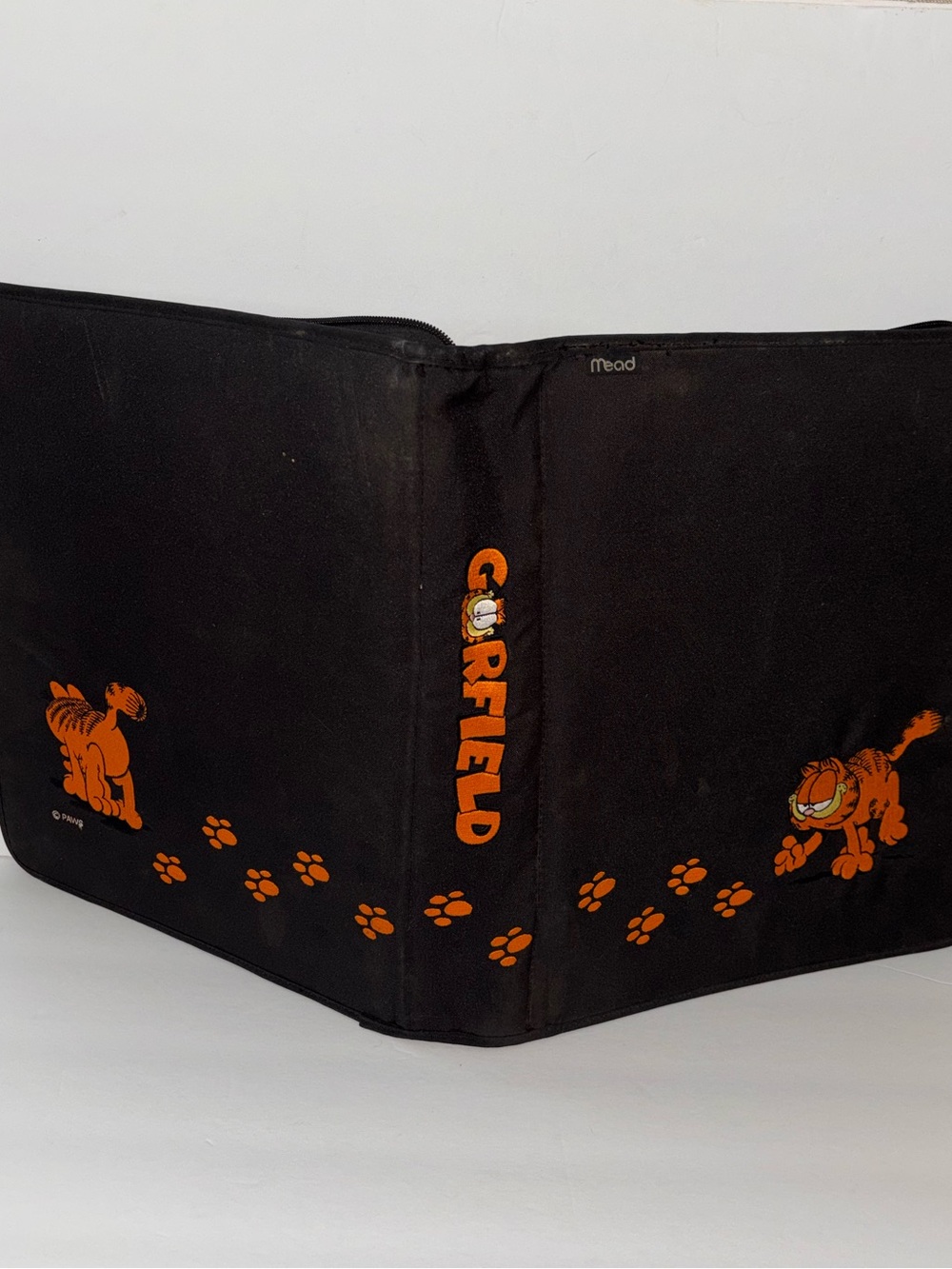 Vtg Garfield Mead 3 Ring Binder Zipper Black Embroidered 90s Notebook